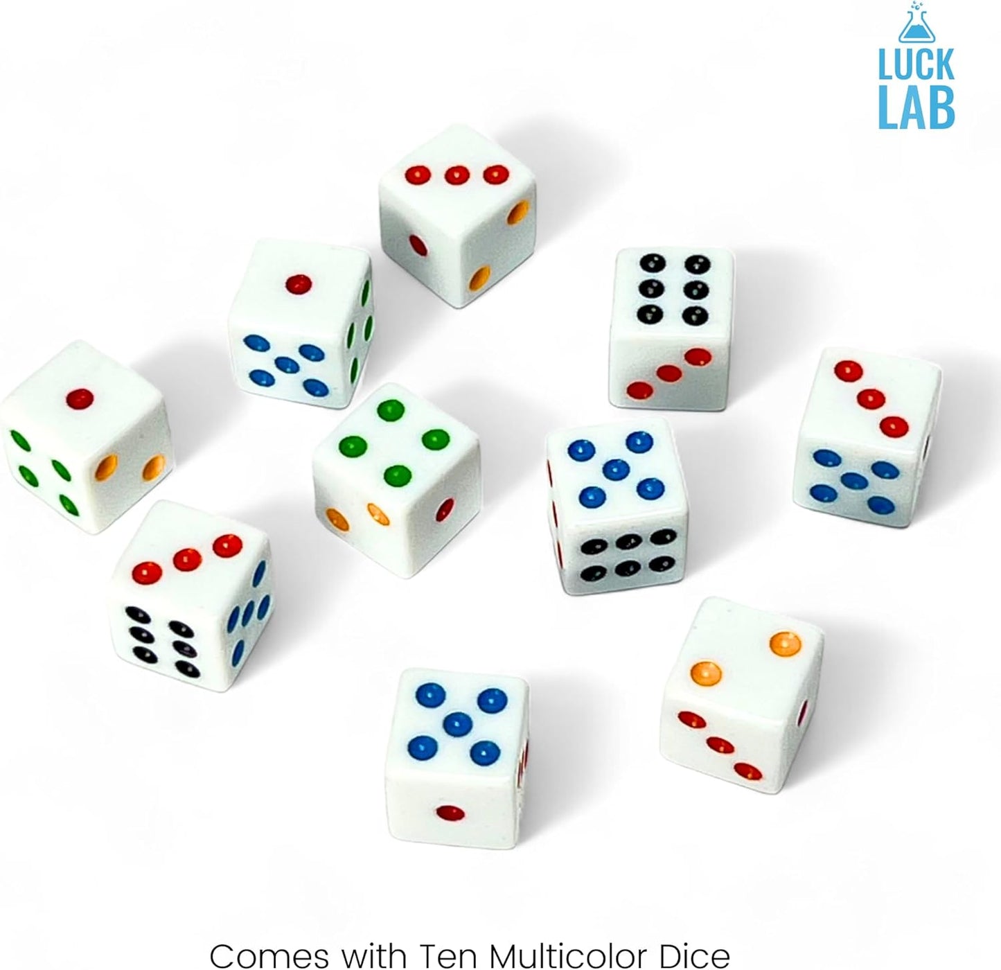 Luck Lab 10 Piece D6 Multicolor Pip Dice Pack - Acrylic 16mm Square Edge Standard Dice for RPG MTG DND Table Games and Board Games, Storage Bag Included (White Multicolor)