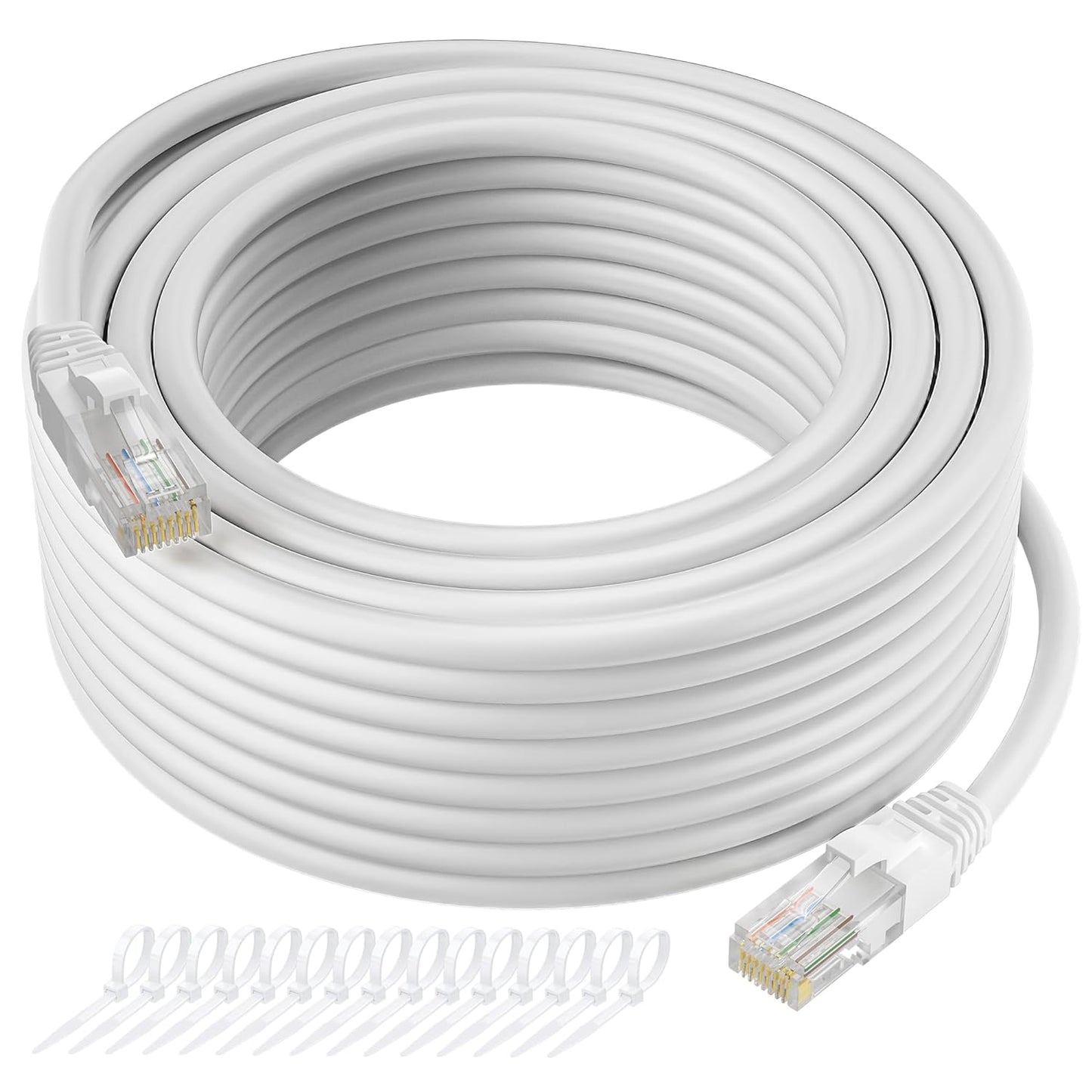 Cat5e Ethernet Cable 35 FT, Long Cat 5e Internet Cable, White Snagless Patch Cord, Flexible, Network, LAN, PoE, Standard RJ45 Connector for PC, Server, Router, Modem, TV, PS5 - with 15 Cable Ties