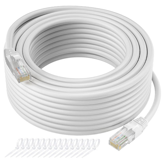 Cat5e Ethernet Cable 25 FT, Long Cat 5e Internet Cable, White Snagless Patch Cord, Flexible, Network, LAN, PoE, Standard RJ45 Connector for PC, Server, Router, Modem, TV, PS5 - with 15 Cable Ties