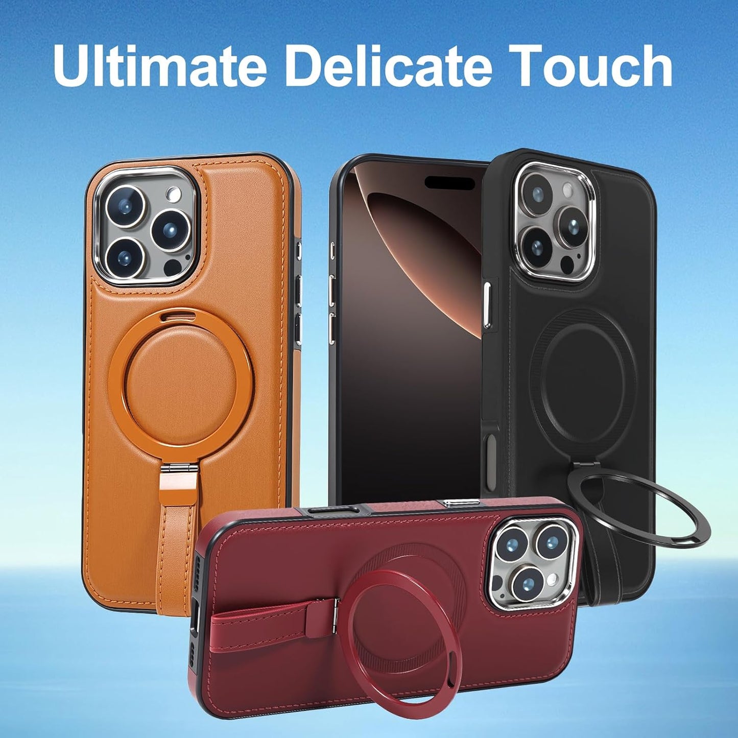 Leather Case, Suitable for iPhone 16 Pro Max Case, Invisible Magnetic Design, Equipped with a Lanyard and Foldable Stand, Black, Yellow and red (Red, iPhone 16 Pro Max)