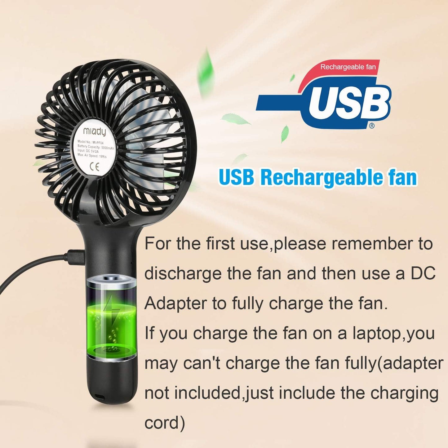 Miady 2-Pack Upgraded 5000mAh Portable Handheld Fan 3 Speed Mini USB Strong Wind 7-20 Hours Runtime Personal Electric for Travel Office Outdoor