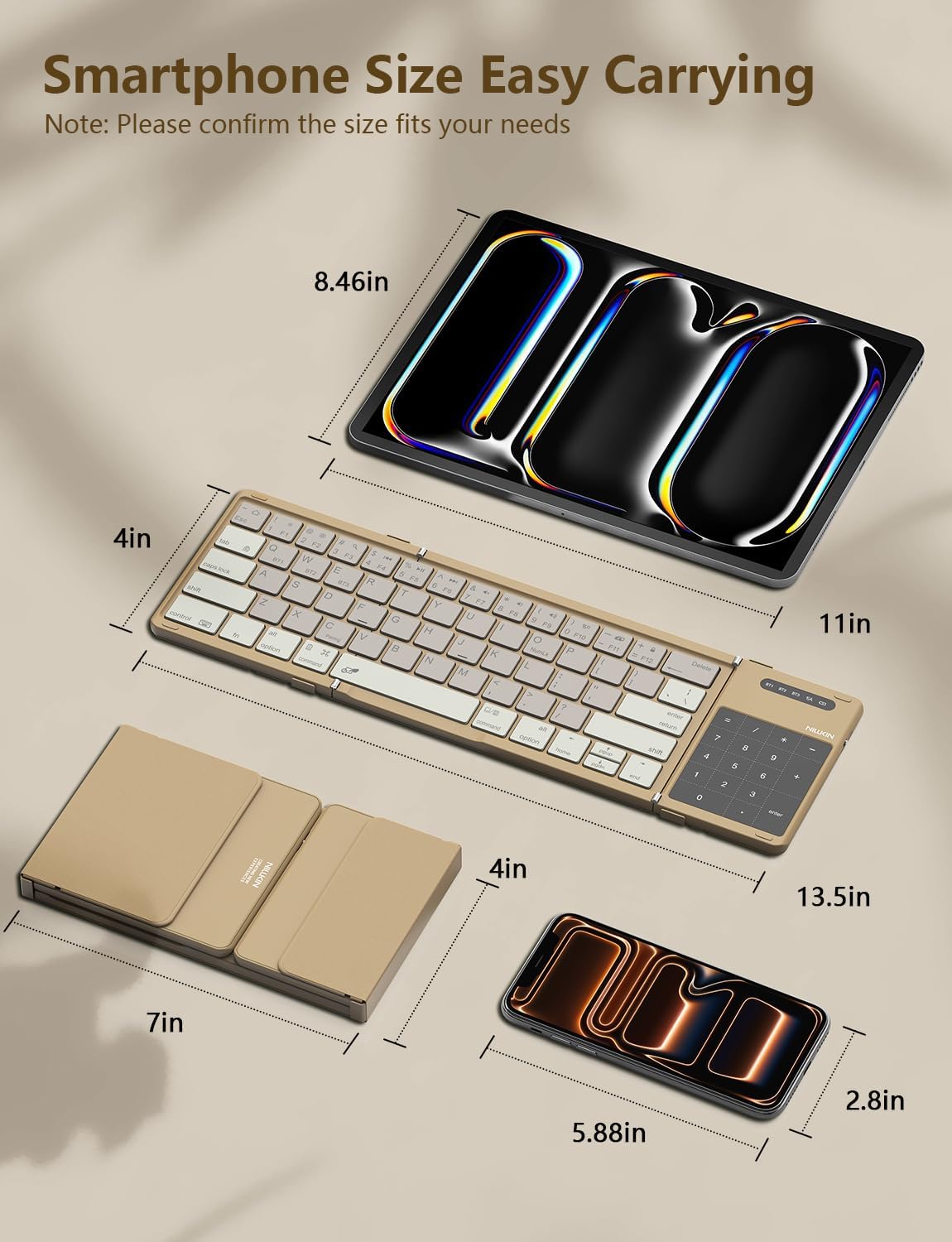 Nillkin Foldable Bluetooth Keyboard with Touchpad & Number Pad, Portable Bluetooth Keyboard with Full Size Keys, Pocket-Sized Wireless Travel Keyboards for iPad, Smartphone, Tablet and Laptop Khaki