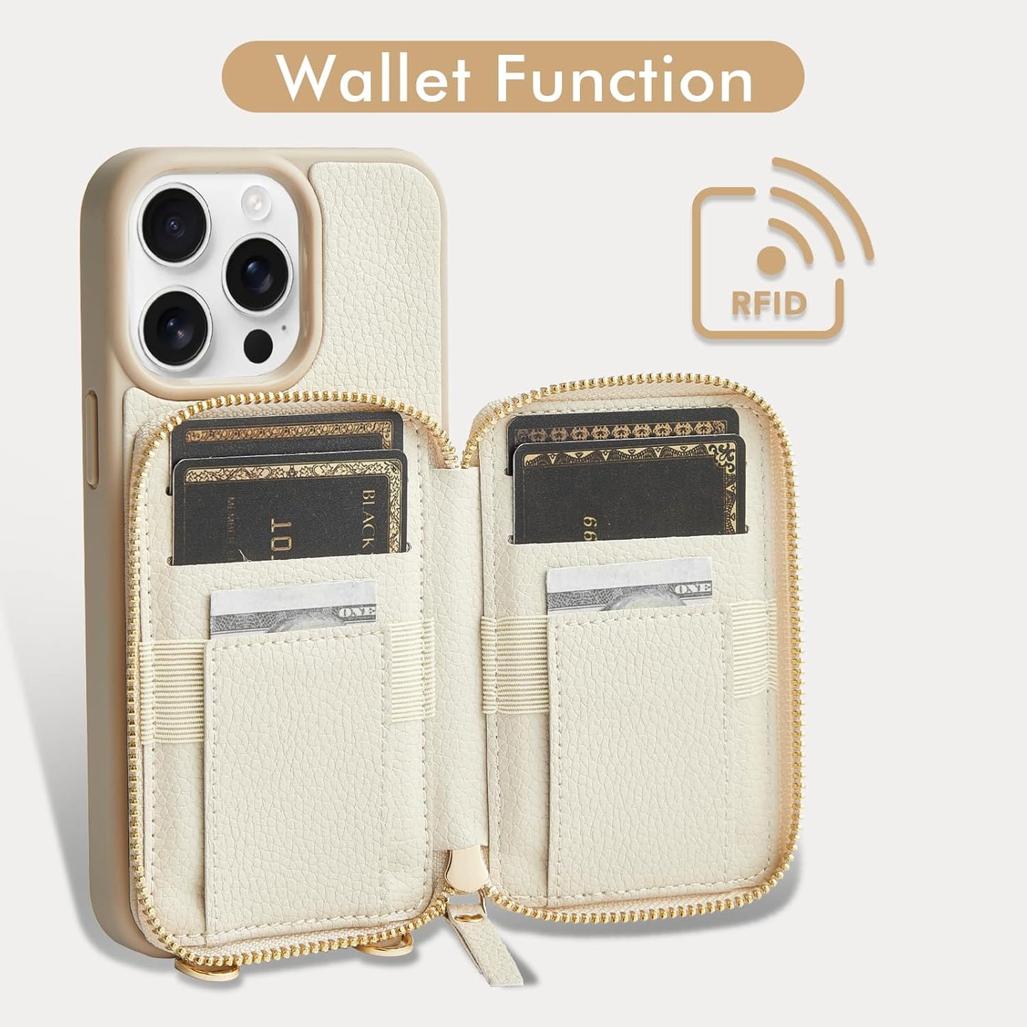 ZVE for iPhone 15 Pro Max Wallet Case, Crossbody Card Holder Phone Purse for Women, RFID Blocking Zipper Leather Cover with Wrist Strap for iPhone 15 Pro Max (6.7 inch)- Beige
