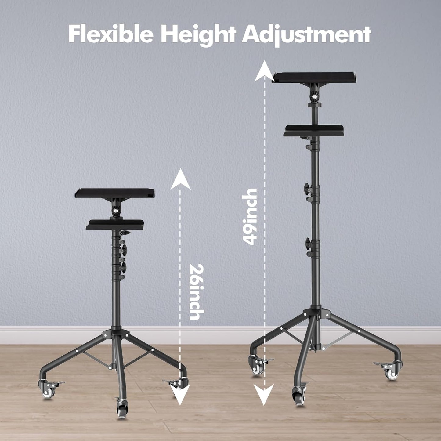 Projector Tripod Stand with Wheels, Portable Laptop Floor Support with Mouse Tray & Bag, Height Adjustable 26 to 49 Inch with Gooseneck Phone Holder for Office, Home, DJ Racks