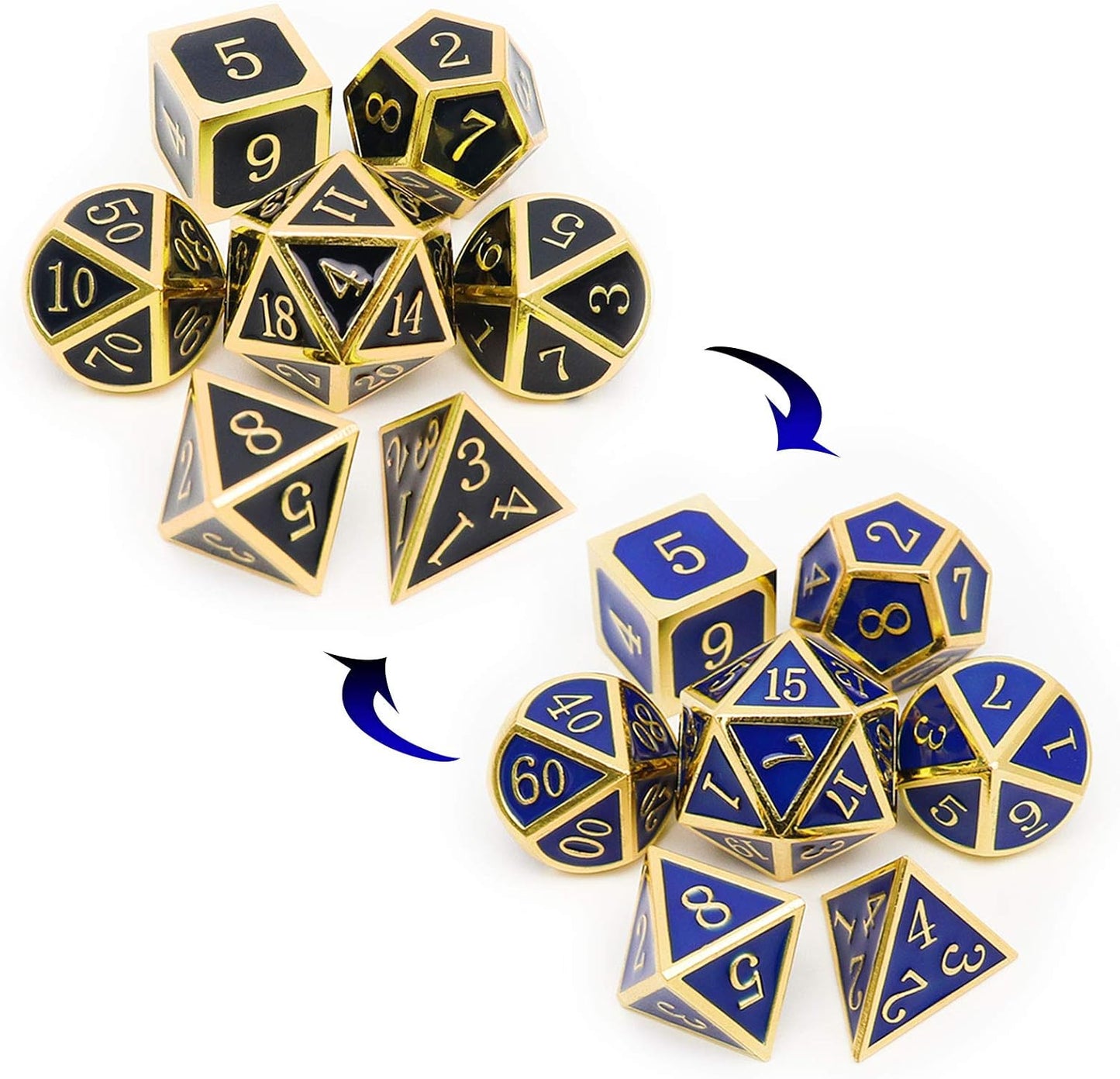 Haxtec Temperature Color Chaning Metal DND Dice Set Gold Blue Polyhedral D&D Dice Compatible with Dungeons and Dragons RPG-Gold Black Blue Shift