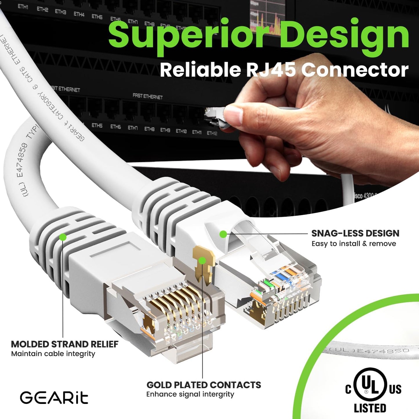 GEARit Cat 6 Ethernet Cable (1-Pack 35 Feet) Cat6 Network Patch, 10Gbps, RJ45, Snagless Cord, Gold-Plated Connectors, Internet for PC, TV, Tablet, Router, Printer, Servers, IT Data Center - White