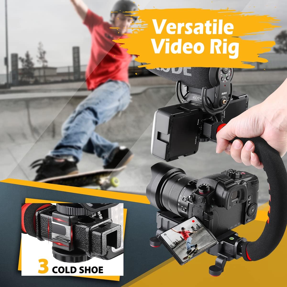 Zeadio Camera Smartphone Stabilizer, Handle Grip Handheld Video Rig, Compatibility with All Camera, Camcorder, Action Camera, DSLR and for All iPhone and Android Smartphones