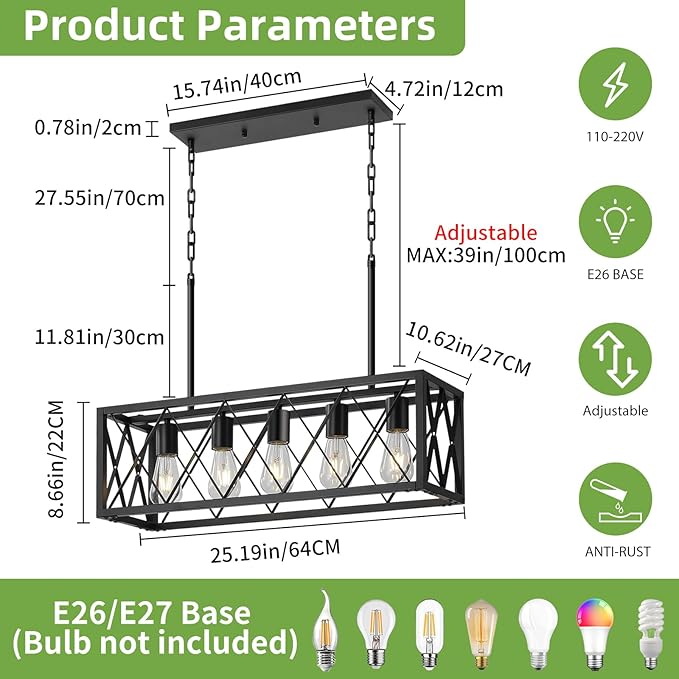 5-Light Kitchen Island Pendant Light, Black Rectangular Farmhouse Chandelier, Industrial Metal Linear Ceiling Hanging Lighting Fixture for Dining Room, Living Room, Entryway, Foyer, Bar