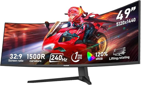 Gawfolk 49 inch Ultra-Wide Curved 1500R Gaming Computer Monitor, DQHD(5120×1440), 240Hz, 1MS, FreeSync, 120% sRGB, Height Adjustable PC Screen, HDMI2.1 & DP1.4, Compatible Wall Mount 100*100mm-Black