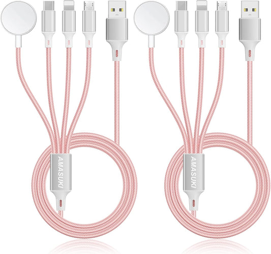 2Pack Travel Essentials Multi Charging Cable for Watch Charger 4 in 1 Fast Charger Camping Essentials USB C/L/Micro Compatible with Watch Series 10-1/SE/Ultra Phone 16 15/Galaxy Android-4FT/Pink
