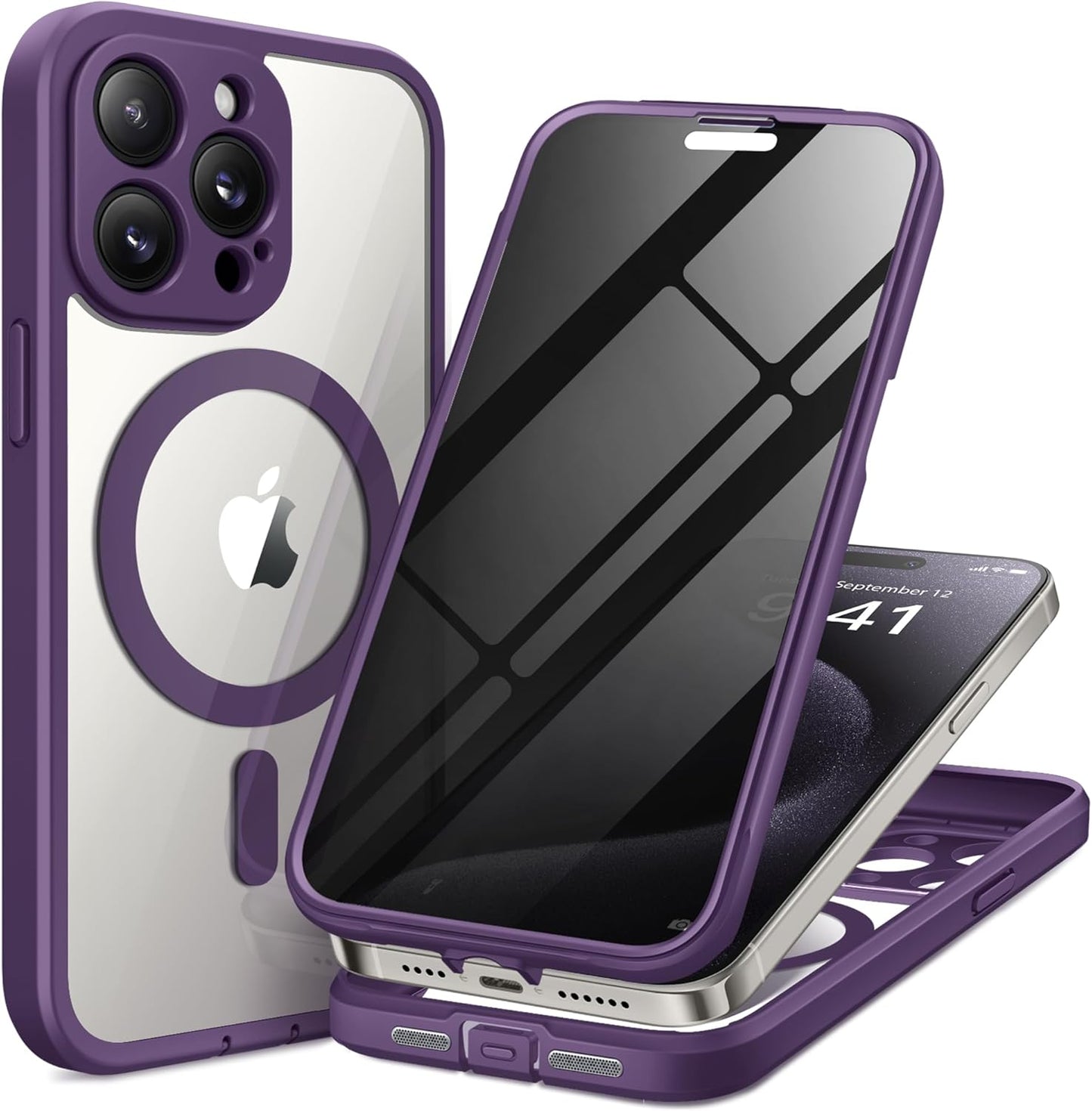 Magnetic for iPhone 15 Pro Case, Compatible with MagSafe, Built-in Privacy Screen Protector and Camera Protection, Anti Spy Full Body Dustproof Shockproof Hard Phone Case 6.1", Purple