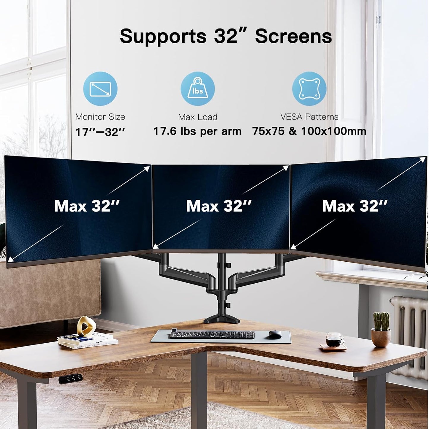 HUANUO Triple Monitor Mount for 17 to 32 inch Screens, Gas Springs Adjustment Triple Monitor Stand with Swivel, Tilt, Rotation, Clamp & Grommet Kit (Black)