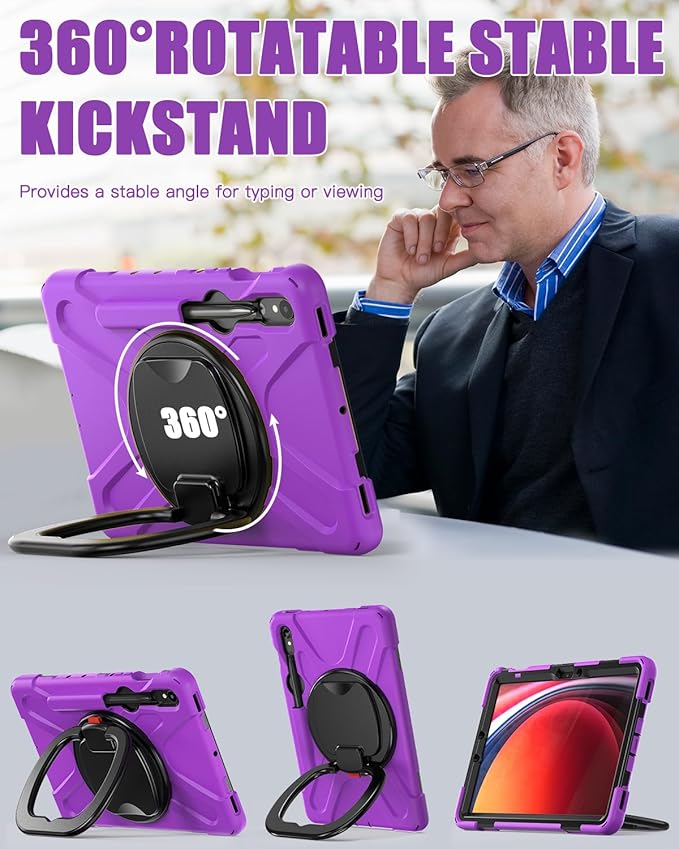 BRAECN Rugged Case for Samsung Galaxy Tab S10 Lite/S10 FE 2025 & S9 FE/S9/S8/S7 10.9/11 Inch | Shockproof Protective Silicone Cover with Rotating Stand, Kickstand, Shoulder Strap & Pen Holder, Purple