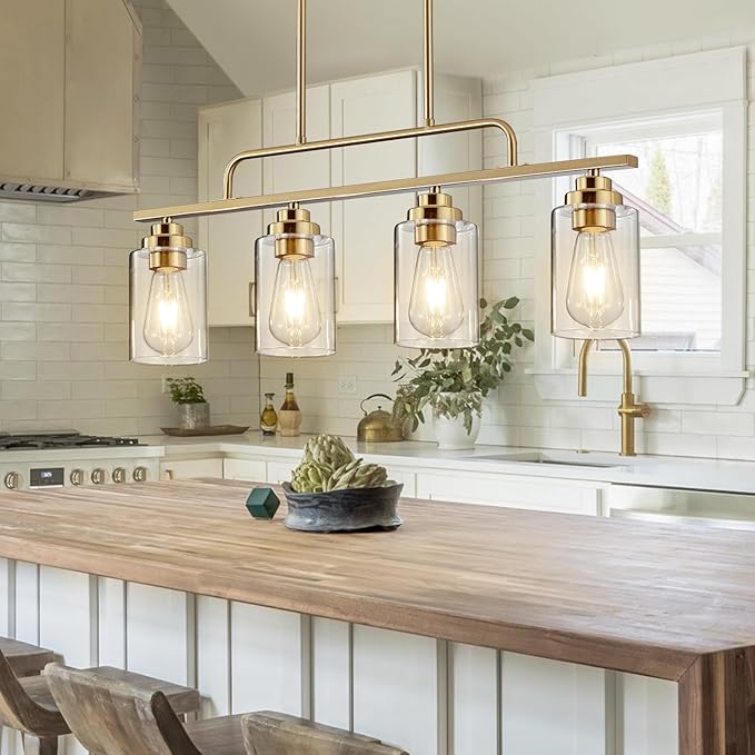 Dining Room Light Fixture - Brushed Gold 4-Light Farmhouse Chandelier Kitchen Island Lights Fixtures Modern Linear Chandeliers Hanging Pendant Lighting Over Table for Dining Room