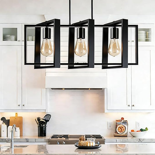 3-Light Island Lights for Kitchen, Rectangular Black Metal Kitchen Island Chandelier 23.6" Adjustable Rustic Modern Dining Room Light Fixtures Over Table, Chandeliers for Dining Room