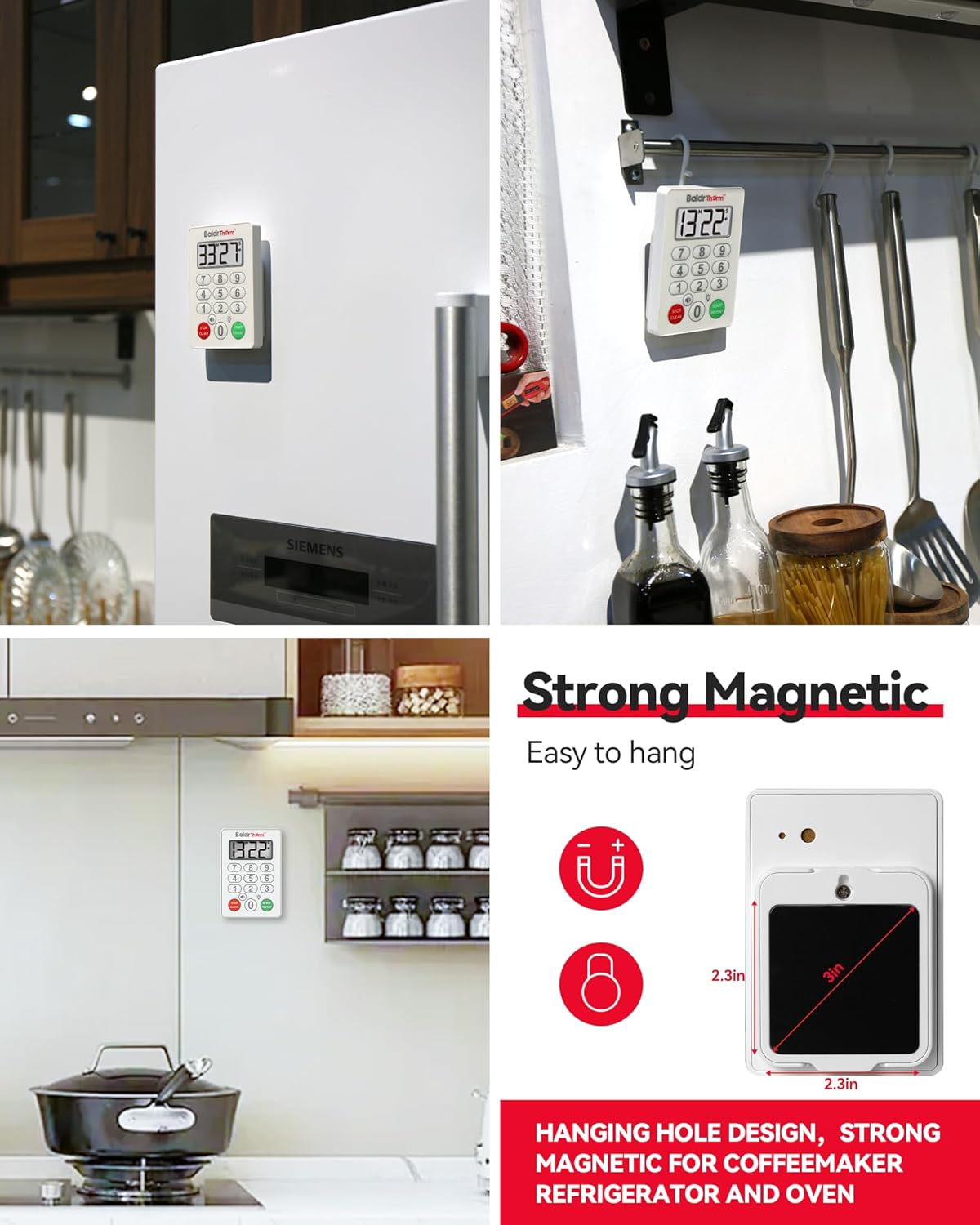 BaldrTherm Digital Kitchen Timer, Magnetic Waterproof Countdown Timer for Cooking, Shower, Workout, Classroom, Hair Color Processing, White.