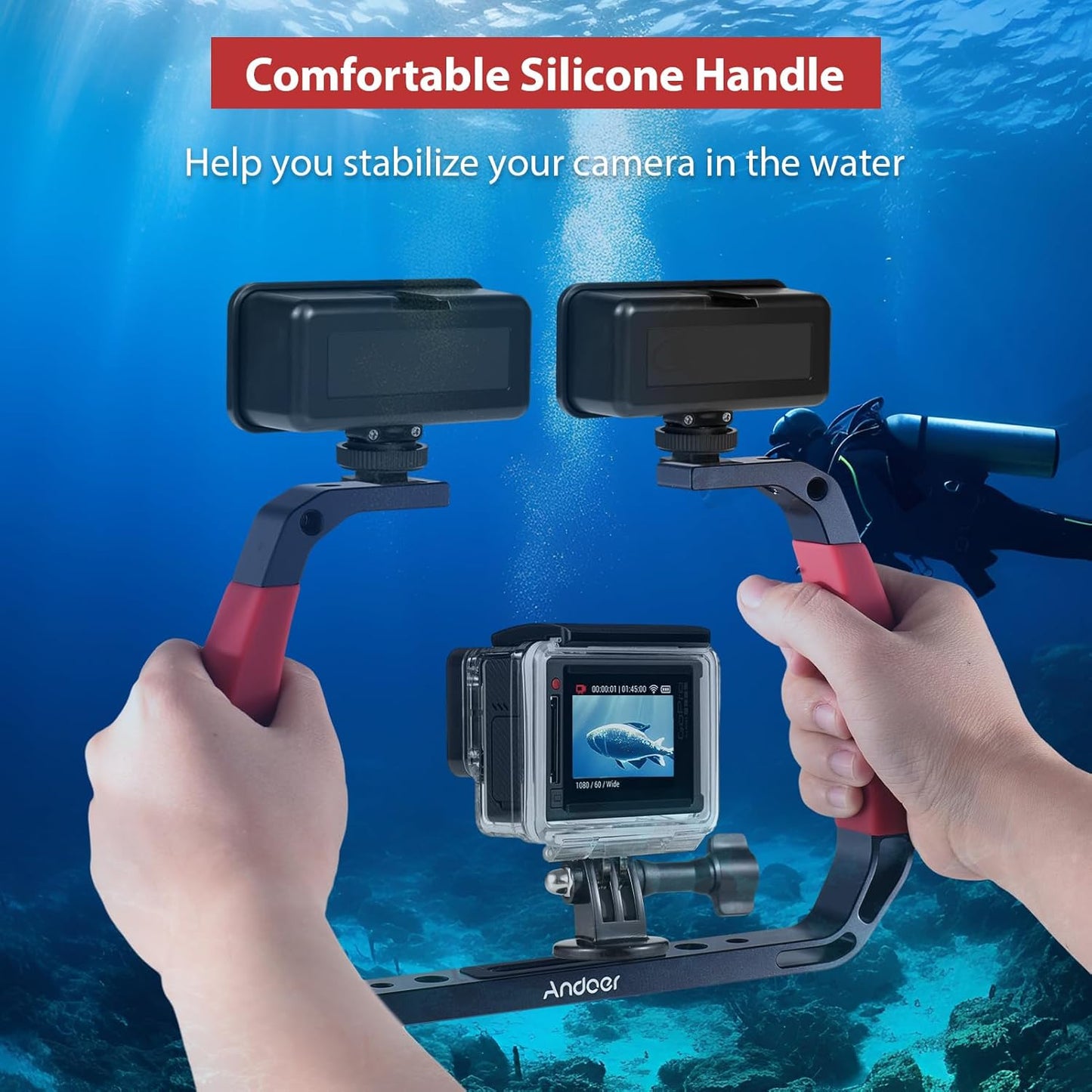 Andoer Cage Advanced Cage Kit Mounting Kit for Camcorder Aluminium Alloy Sports Camera Underwater Diving Rig Portable Stabilizer for Action Camera Cage Dive Rig, red