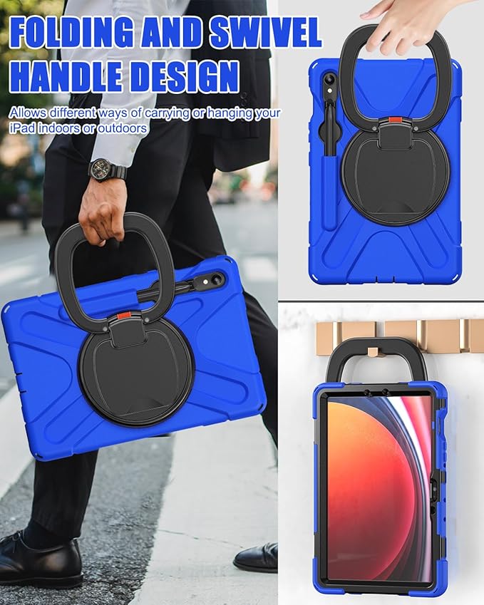 BRAECN Rugged Case for Galaxy Tab S10 Lite/S10 FE/S9 FE 10.9 Inch & S9/S8/S7 11 Inch 2025/2023 SM-X400/X520/X510/X710 | Heavy Duty Silicone Cover with Kickstand, Shoulder Strap & S Pen Holder, Blue