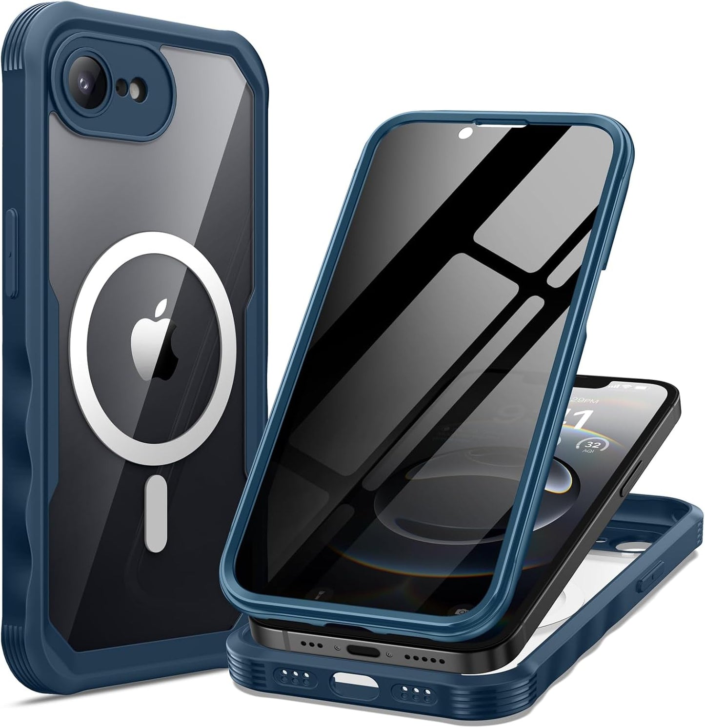 seacosmo for iPhone 16e Case, Full Body Bumper with Built-in 9H Tempered Glass Privacy Screen Protector and Camera Lens Protection, Compatible with MagSafe, Shockproof 16 e Phone Case, 6.1", Blue