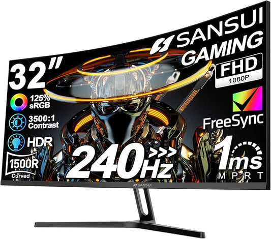 SANSUI 32 Inch Curved 240Hz Gaming Monitor High Refresh Rate, FHD 1080P Gaming PC Monitor HDMI DP1.4, Curved 1500R, 1Ms MPRT, HDR,Metal Stand,VESA Compatible(DP Cable Incl.)