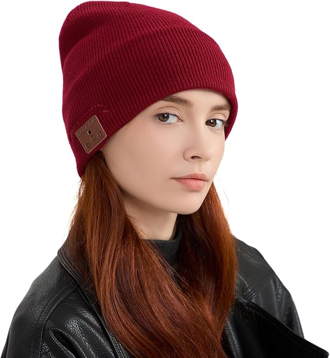Bluetooth Beanie, Bluetooth 5.2 Wool Hat HD Stereo,30 Hours Play time,Built-in Microphone, Men's/Women's Christmas Electronic Gift (Red) …