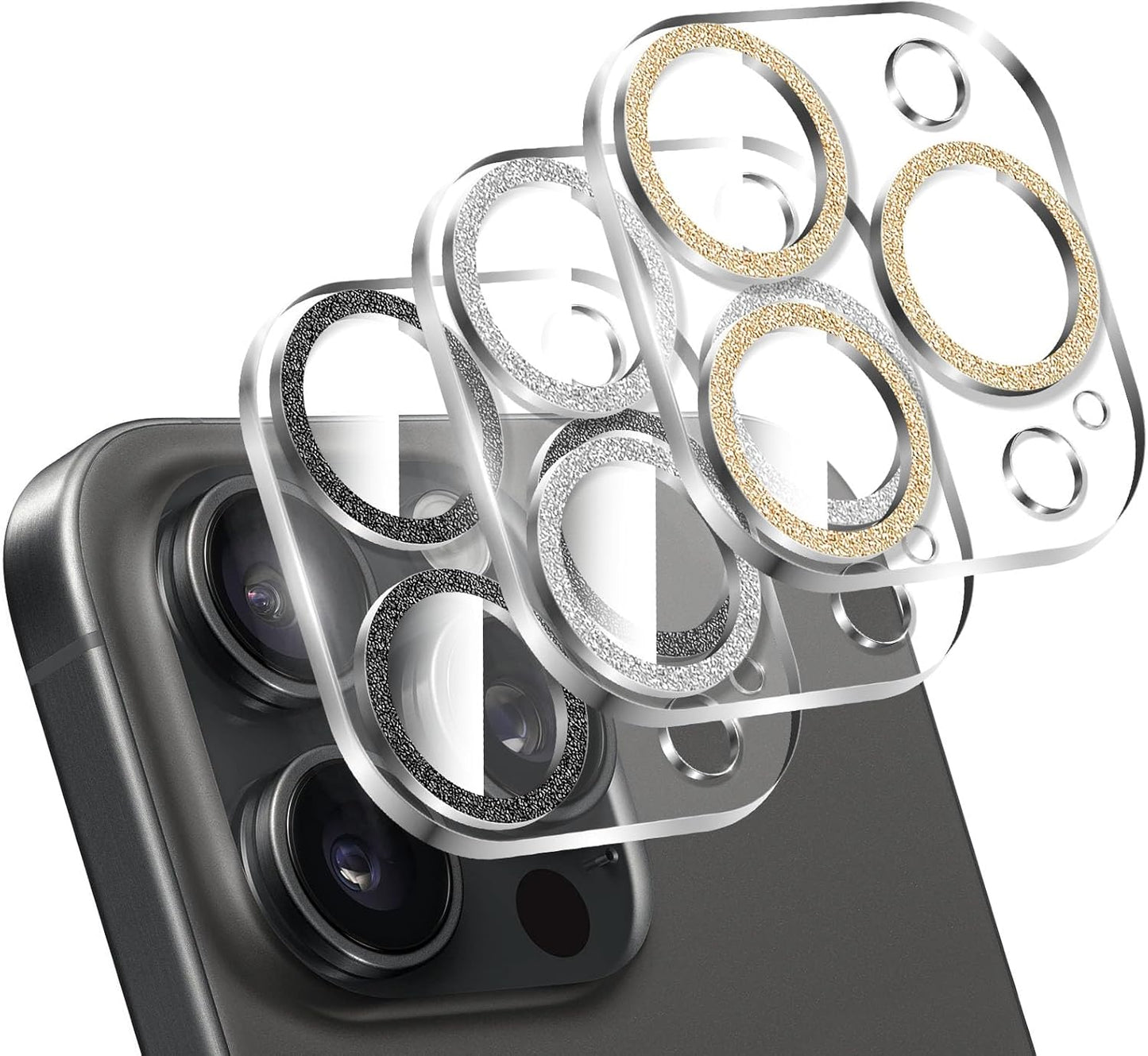 LucBuy 3PCS Sparkling Camera Lens Protector for iPhone 13 Pro/iPhone 13 Pro Max, Full Clear Acrylic Cover with Shiny Colorful Glitter Designed Decoration Back Camera Protector