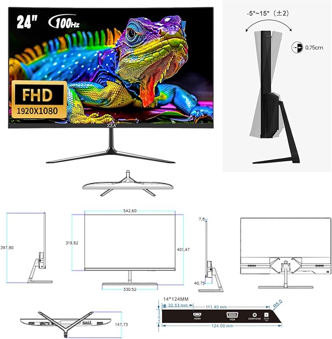 ZZA 24 Inch Monitor100HZ,1080p,Gaming Monitor Curved 2800R,VA 120% sRGB,FreeSync,Frameless Full on Three Sides Blue Light Filter,HDMI & VGA Ports,Computer Monitor for Home Office and Dormitory