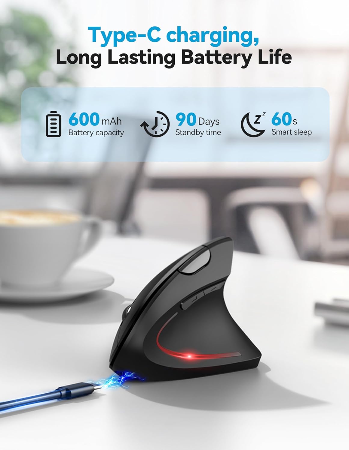 TECKNET Ergonomic Mouse with Jiggler, Bluetooth Wireless Vertical Mouse, 4800DPI Rechargeable Carpal Tunnel Mouse, Undetectable Random Movement Keeps Computers Awake for PC, Laptop