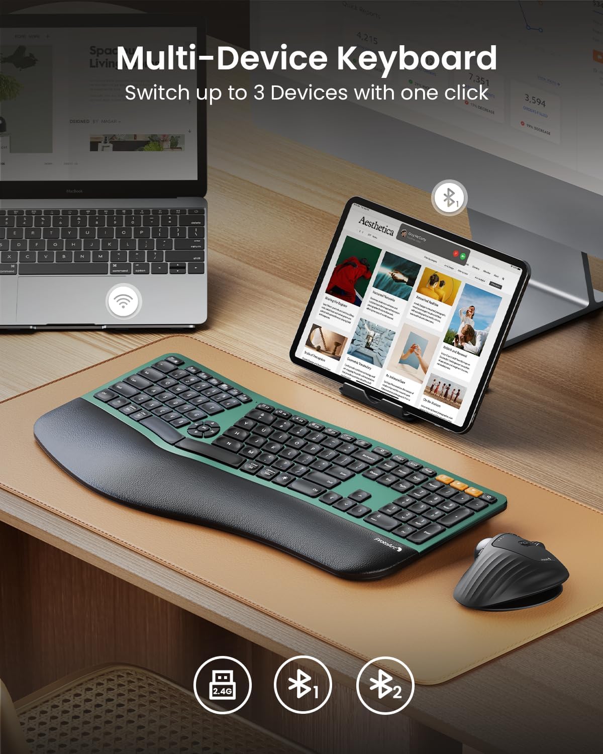 ProtoArc Backlit Bluetooth Ergonomic Keyboard, EK01 Plus Full Size Wireless Split Keyboard with Dual Bluetooth and USB, Cushioned Wrist Rest, Rechargeable, Compatible with Windows/Mac/Android, Green