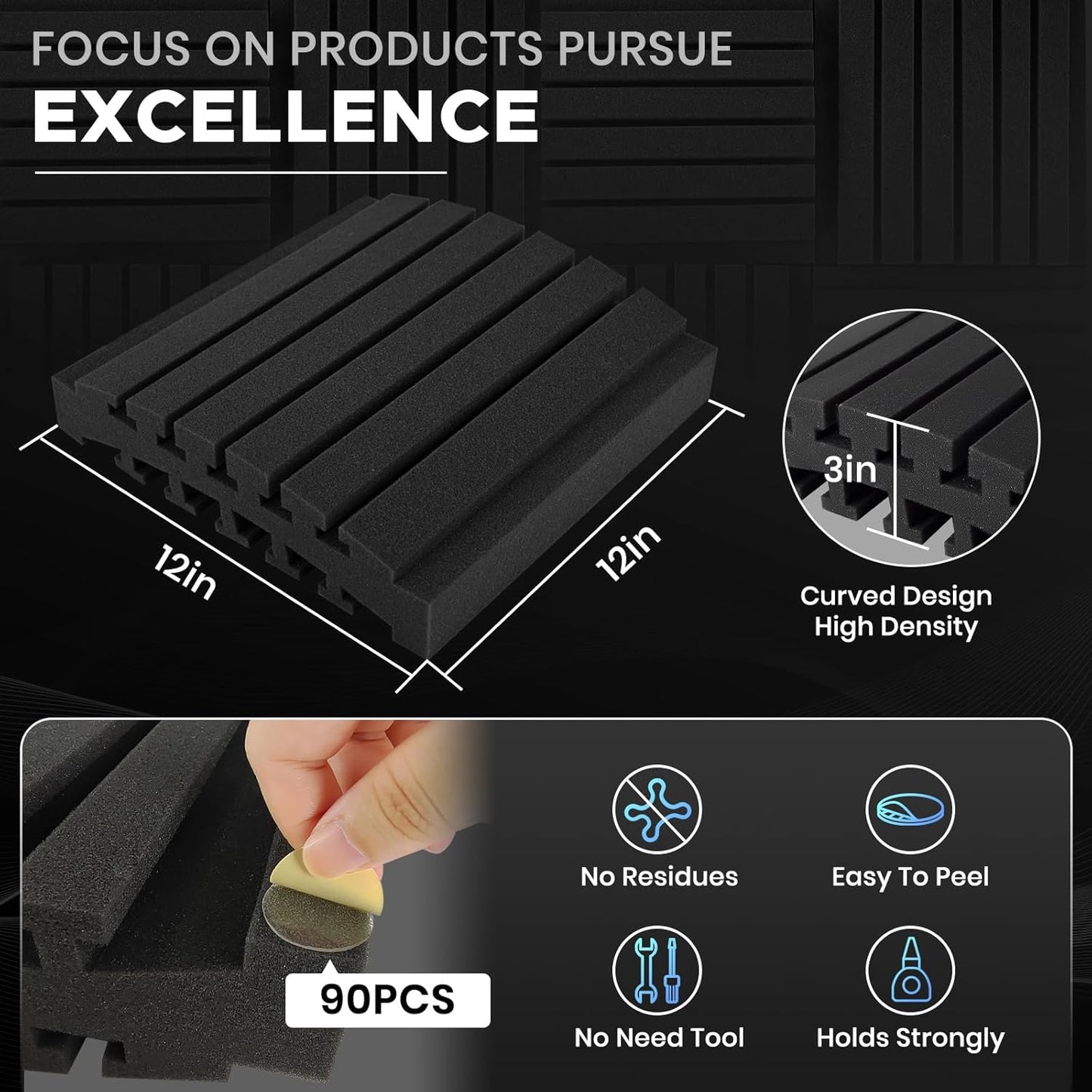 Focusound Sound Proof Foam Panels for Walls 12 Pack – 12x12x3 Inch Acoustic Noise Reducing Wall Panels, Absorbing Soundproofing Foam Dampening Panel Set with 90 PCS Strong Double-Sided Adhesives