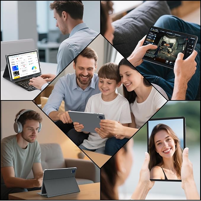 Android 15 Tablet with Keyboard, 26GB RAM, 256GB ROM(2TB Expand), 10 inch tablet with Octa-core, 8000mAh Battery, 2.4G/5G WiFi, BT 5.0, 5MP+13MP Camera, Gemini AI, Case, Mouse, Stylus (Silver Case)