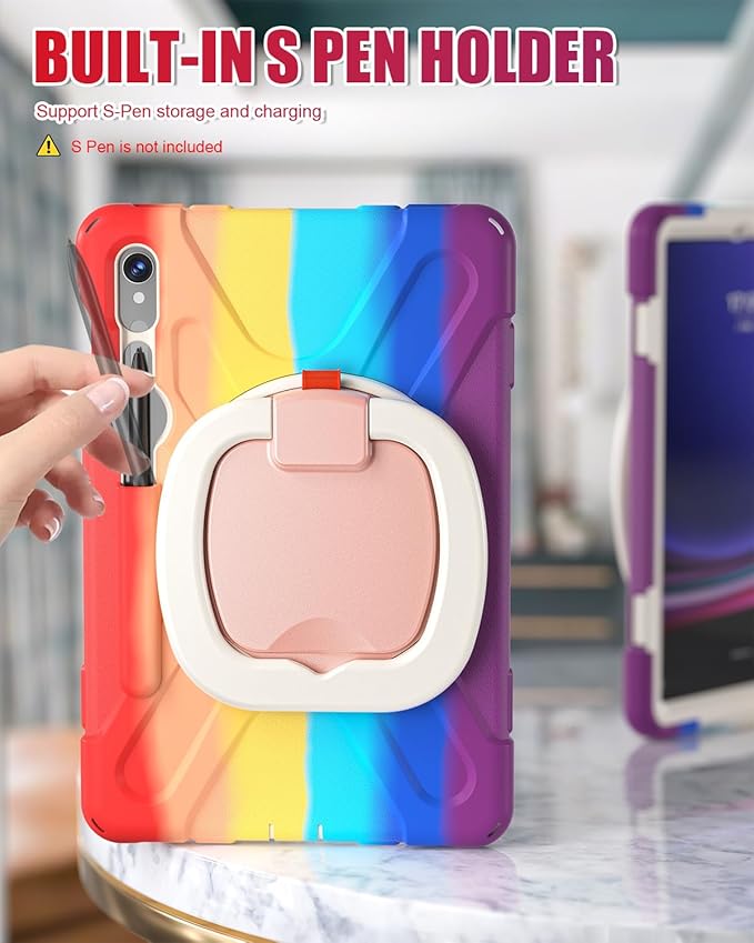 BRAECN Rugged Case for Samsung Galaxy Tab S10 Lite/S10 FE 2025 & S9 FE/S9/S8/S7 10.9"/11" | Protective Silicone Cover with 360°Swivel Handle/Kickstand, Shoulder Strap & S Pen Holder, Colorful Red