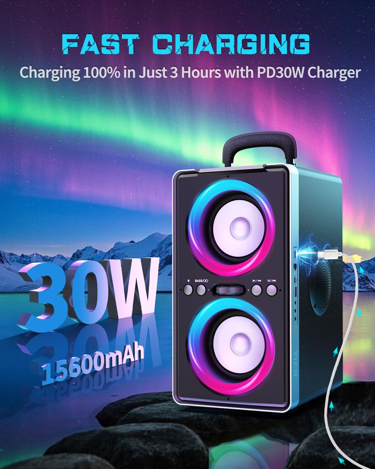 Bluetooth Speaker, 200W(Peak) Loud Stereo with Deep Bass, 20H Playtime, TWS, 30W Fast Charging, Portable Handle, Wireless Large Boombox with LED Light for Party Outdoor Backyard Beach