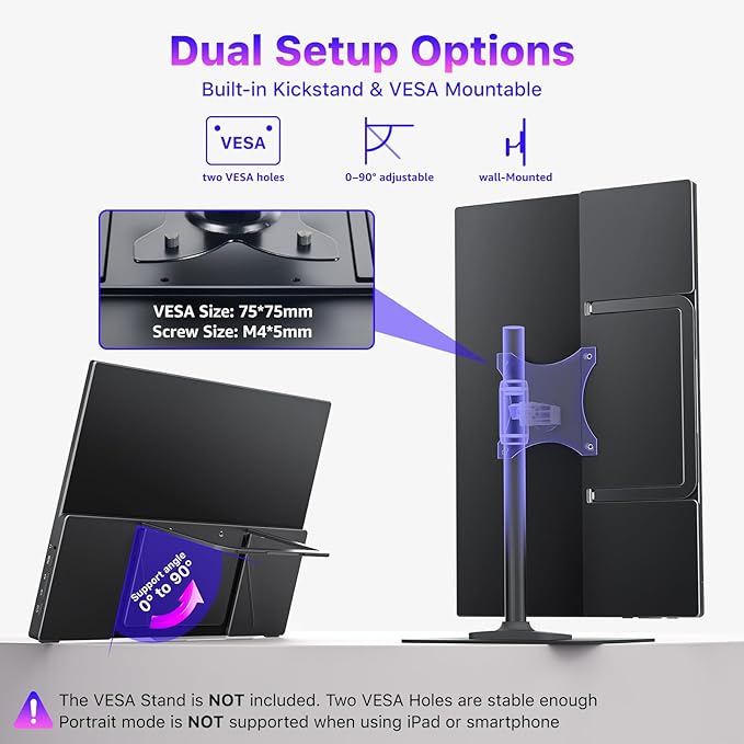 VisionOwl Portable Monitor 15.6 Inch 4K UHD 145% sRGB Second Screen, USB-C HDMI HDR FreeSync Travel Monitor for Laptop MacBook PC PS5 Xbox, VESA Mountable, with Speakers, Adjustable Kickstand