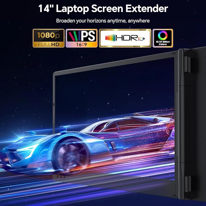 Laptop Screen Extender, 14'' FHD 1080P IPS Portable Monitor for Laptop, Triple Screen Extender Monitor Plug-Play for Mac/Windows/Chrome, Fit 13”-17.3” Laptops