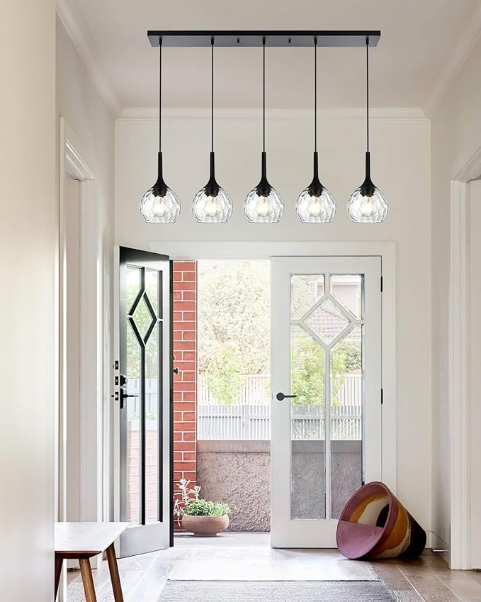 VINLUZ 5-Light Hanging Pendant Kitchen Island Light in Classic Black Finish with Ribbed Glass Shades, Modern Chandelier for Dining Room & Hallway