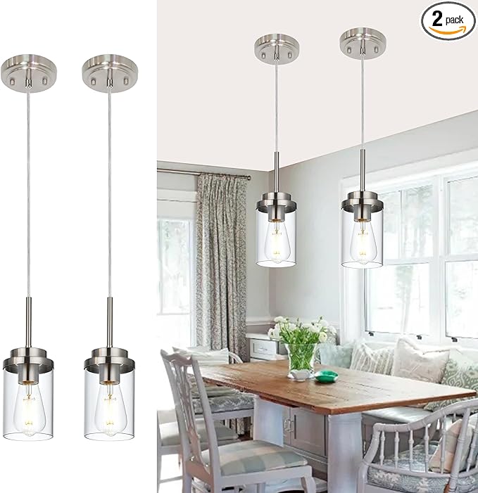 MELUCEE 2 Pack Pendant Lights Kitchen Island Brushed Nickel Adjustable Hanging Ceiling Lamp with Clear Glass Shade, Modern Glass Pendant Lights for Dining Table Hallway Living Room