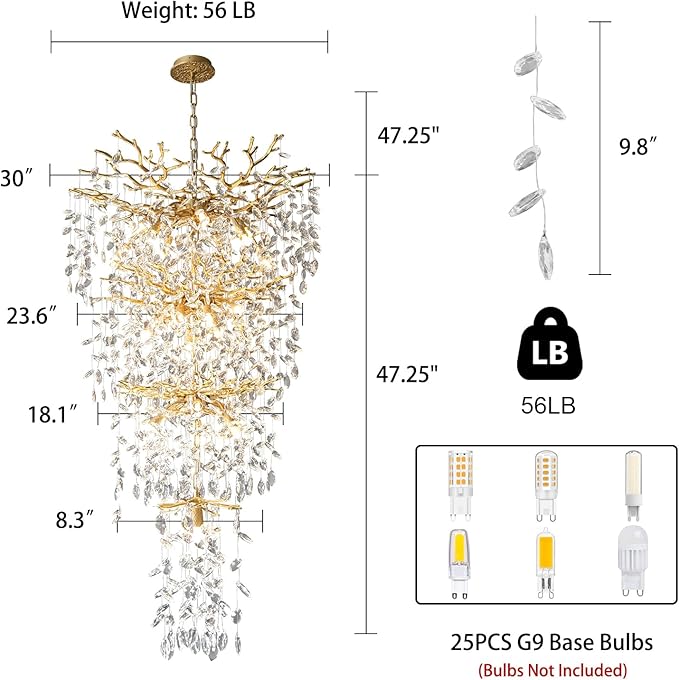 YUYI 47'' Long Crystal Chandelier for High Ceiling, 25-Light Modern Gold Tree Branch Chandelier, Large Chandeliers for Staircase Foyer Entryway Living Room, 4-Tier Luxury K9 Raindrop Light Fixture