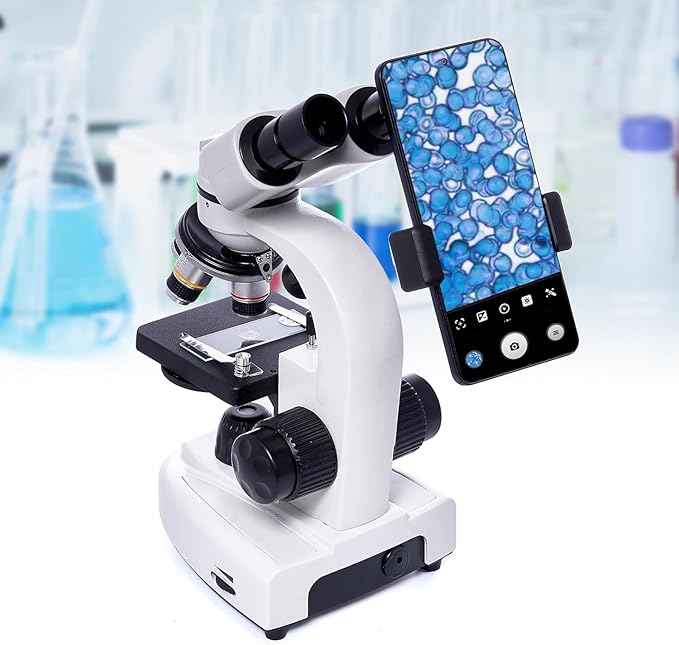 SELFIE CAT Laboratory Binocular Microscopes for Adult, 200X-5,000X Compound Biological Compound Microscope with 6X Multiplier, Electronic Eyepieces & Phone Adapter for Students, Adults, Beginners