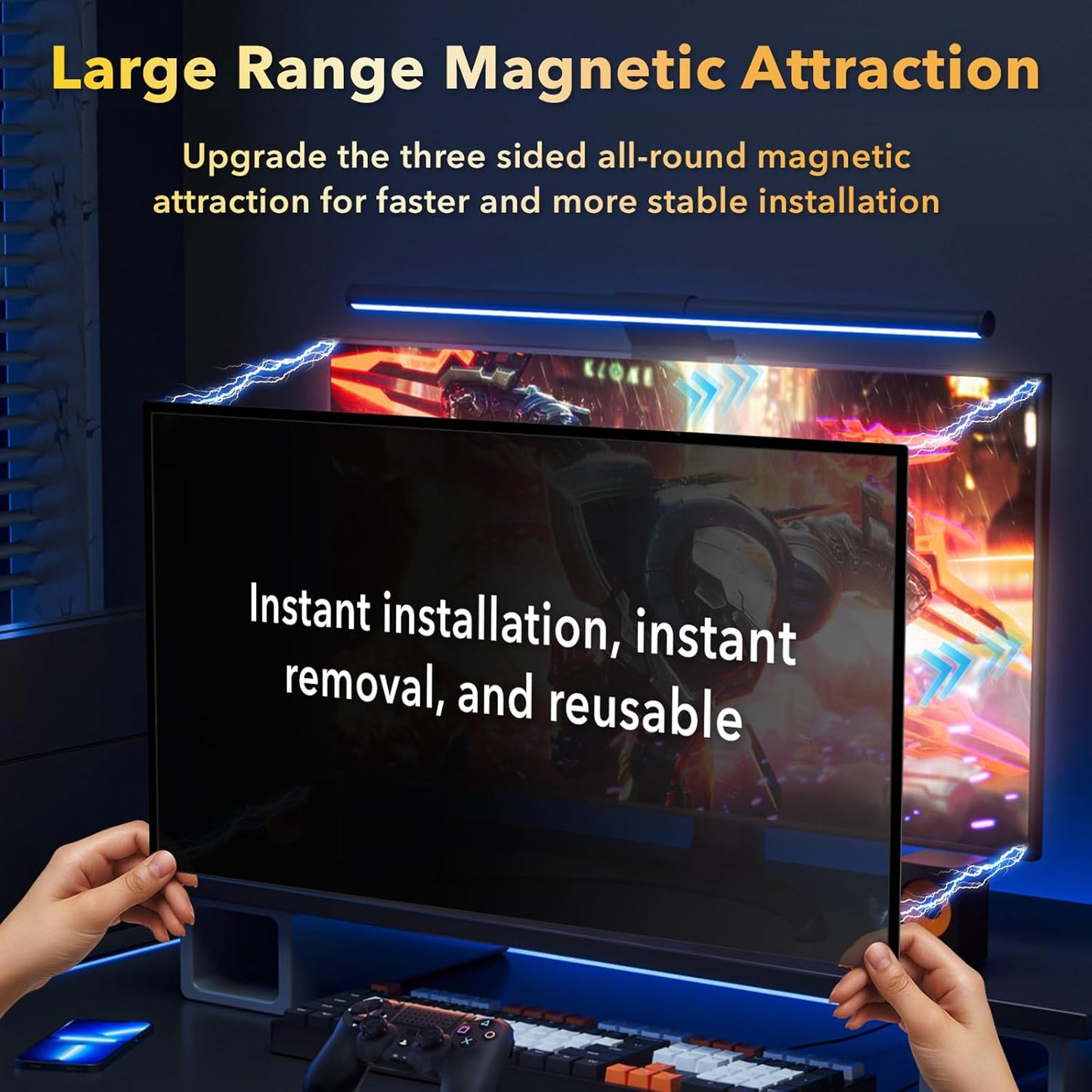 Magnetic Invisible Hidden Design Computer Privacy Screen Filter 24 Inch for Frameless Monitor 16:9 Aspect Ratio, Removable Anti Glare Blue Light Protector, Double Sided Reversible Eye Care 24in Film