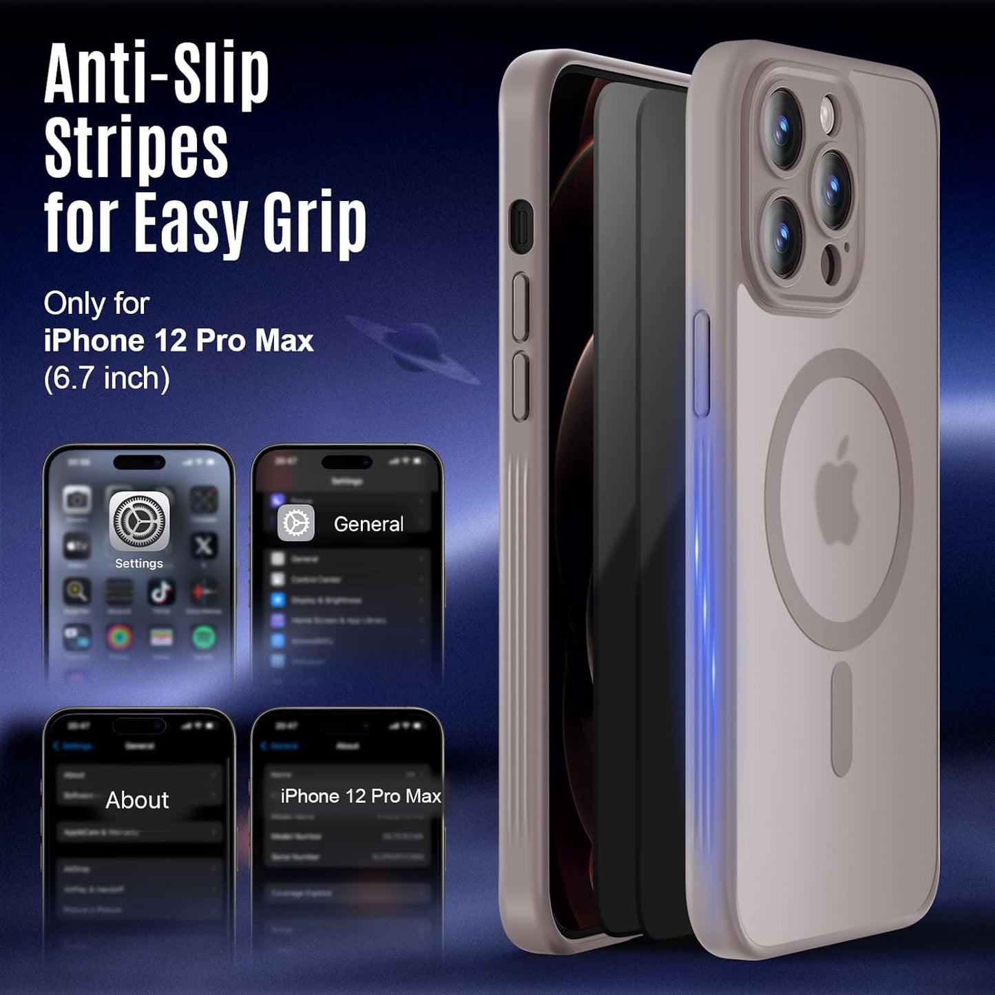 Designed for iPhone 12 Pro Max Case, Compatible with MagSafe, with Privacy Screen Protectors X2, [Camera Protection] [15FT Drop Protection] Shockproof Phone Case, 6.7", Natural Titanium