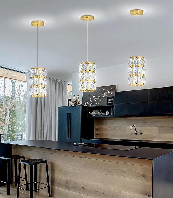 1-Lights Modern Crystal Pendant Lights for Kitchen Island LED Dimmable Glam Pendant Lighting Chandelier for Dining Room Hallway Corner Lamp Gold