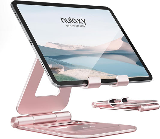 Nulaxy Aluminum Dual Foldable iPad Stand, Fully Adjustable Desktop Tablet Holder, Tablet Accessories for Office Kindle Compatible with Mobile Devices iPad Pro/Air/Mini, iPhone Pro/Max/Plus, Rose Gold