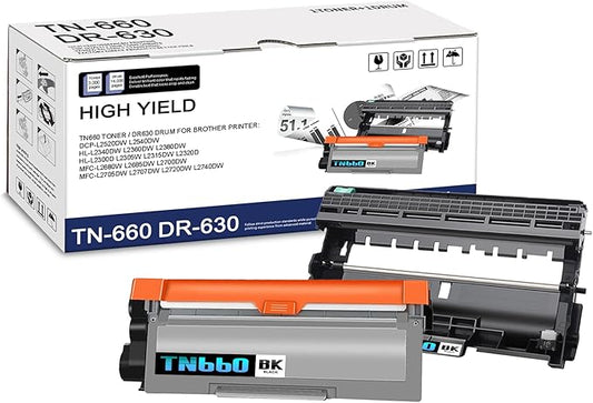 2-Pack TN660 DR630 Black Toner Cartridge and Drum Unit, Replacement for Brother HL-L2300D L2305W L2315DW L2320D L2340DW L2380DW MFC-L2680W L2700DW L2705DW L2720DW L2740DW DCP-L2520DW L2540DW Printer