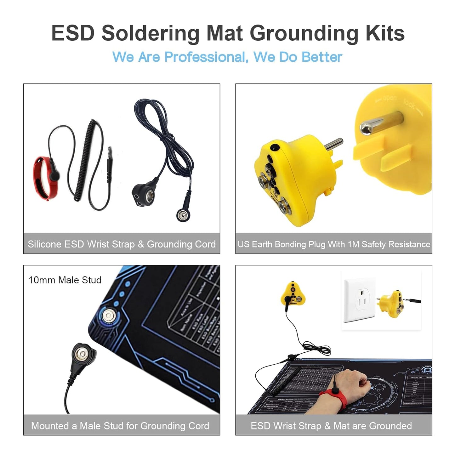 KooMall 24x16 Inch Anti Static Rubber Mat Kit for ESD Sensitive Electronic Device Repair, Soldering, PC Building, Assembly, Table Work, With Grounding Plug Cord, Antistatic Wrist Strap, Heat Resistant