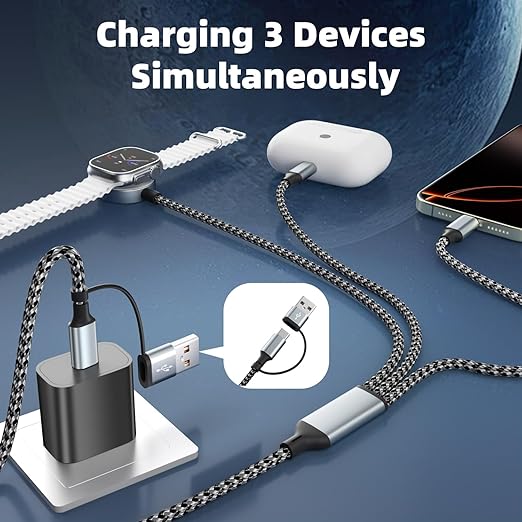 Travel 3 in 2 Charging Cable for Apple iWatch Charger, Travel Essentials UB-A/USB-C Multi Charging Cable/Cord for All Devices Compatible for iWatch Ultra/SE/10-1, iPhone16 15 14, Android-5FT
