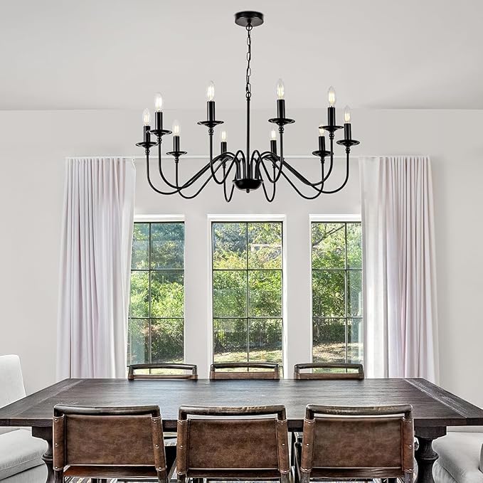Black Farmhouse Chandeliers, 10 Light S-Arm Modern Candle Hanging Pendant Light, Industrial Rustic Metal Ceiling Kitchen Island Lights for Living Room, Entryway, Foyer, Bedroom, Dining Room