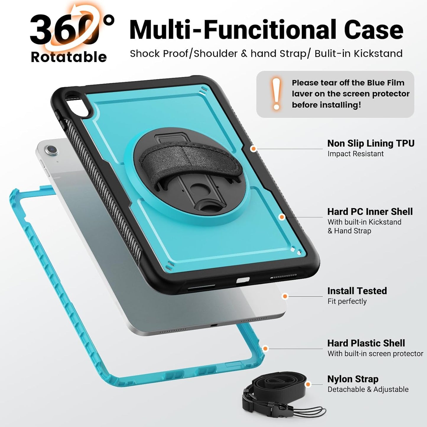 SCSVPN Case for iPad (A16) 11th Generation 11 Inch 2025 / 10th Generation 10.9 Inch 2022, Shockproof Protective Case with Screen Protector, Pen Holder, Rotating Stand, Hand/Shoulder Strap - Sky Blue