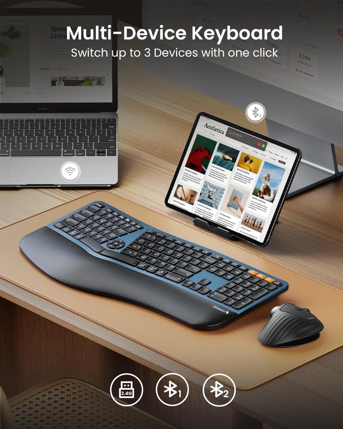 ProtoArc Backlit Bluetooth Ergonomic Keyboard, EK01 Plus Full Size Wireless Split Keyboard with Dual Bluetooth and USB, Cushioned Wrist Rest, Rechargeable, Compatible with Windows/Mac/Android, Blue