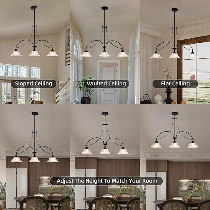 Vintage Pendant Light Fixtures for Kitchen Island,3-Light Black Dinner Room Chandelier with Flower Lampshade, Adjustable Height Hanging Light Fixture for Hallway Entryway